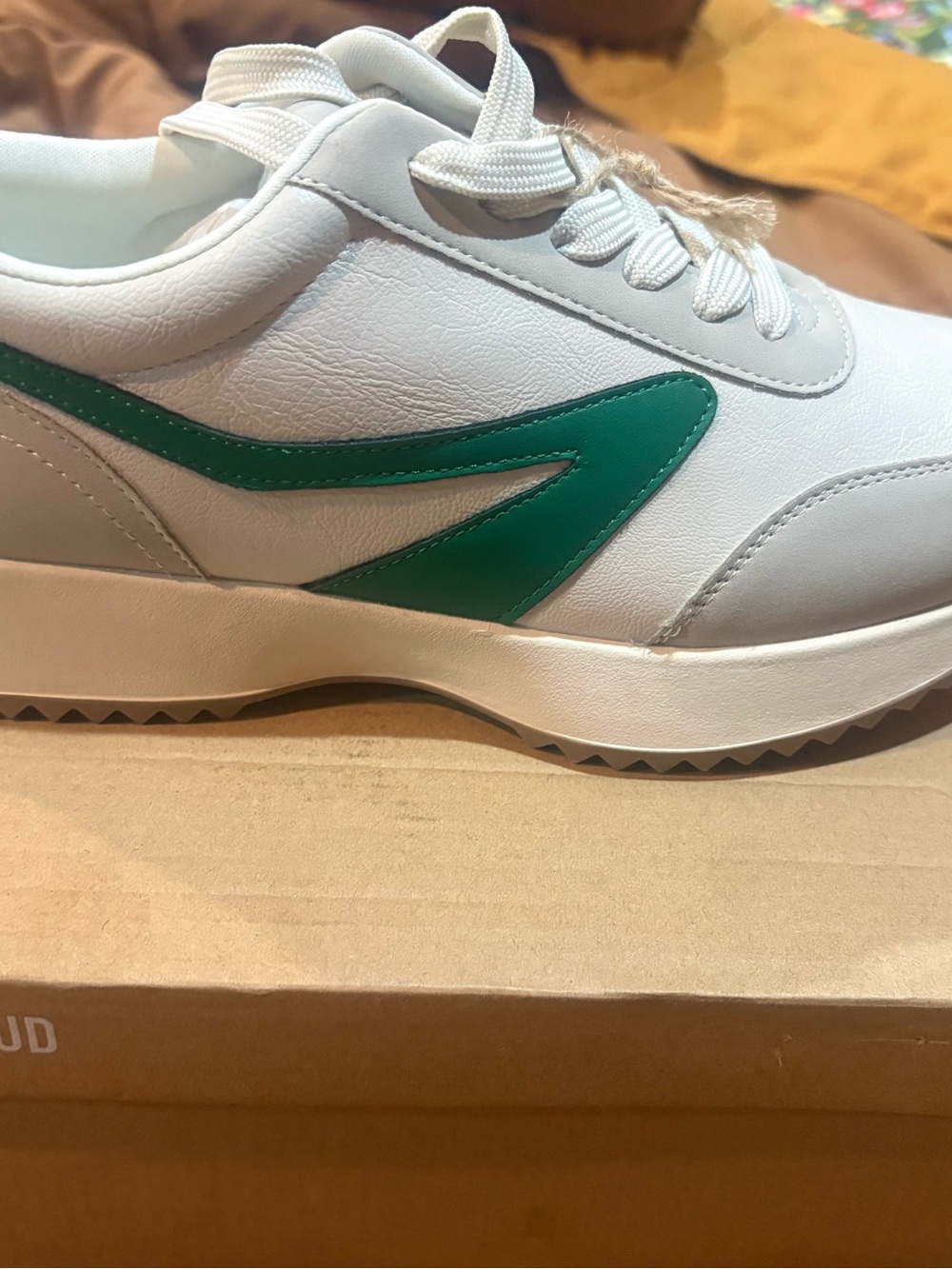 Classic White Lace-Up Sneakers with Green Side Chevron